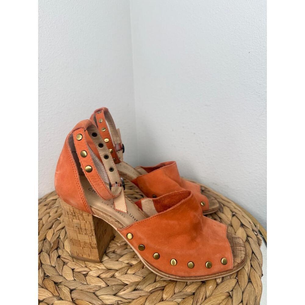 Chinese Laundry Sandals Savana Cork Heels Orange Suede Block Peep Toe Boho Y2K